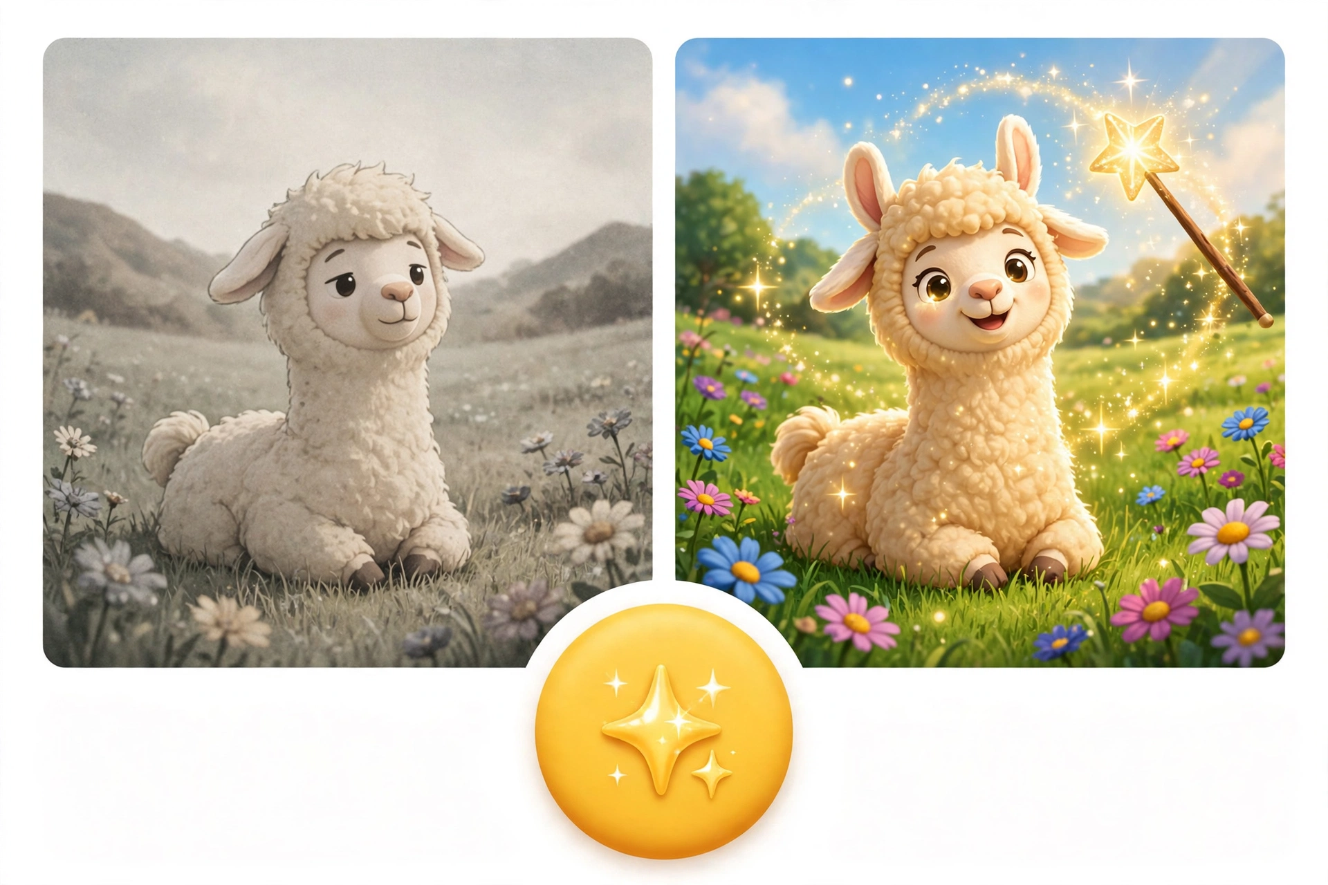A llama picture touched up from dull to glowing