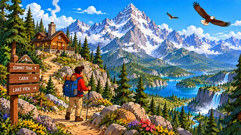 Snow-capped mountain in flat 2D cartoon style