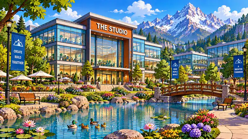 The Studio campus in flat 2D cartoon style