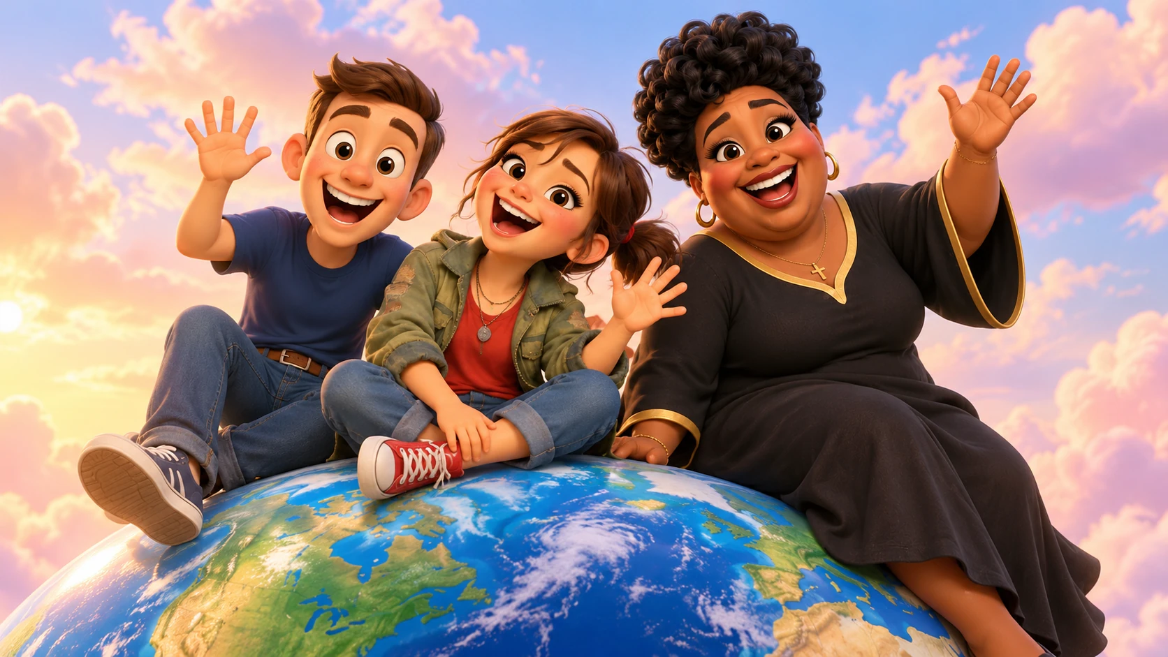 The Studio crew waving from the top of the globe