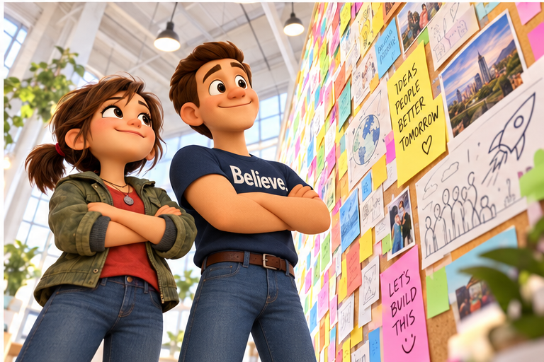 Sally and Chadwick stepping back to admire the full idea wall