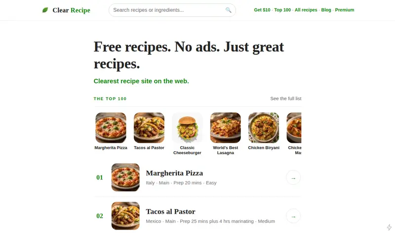 Clear Recipe homepage today